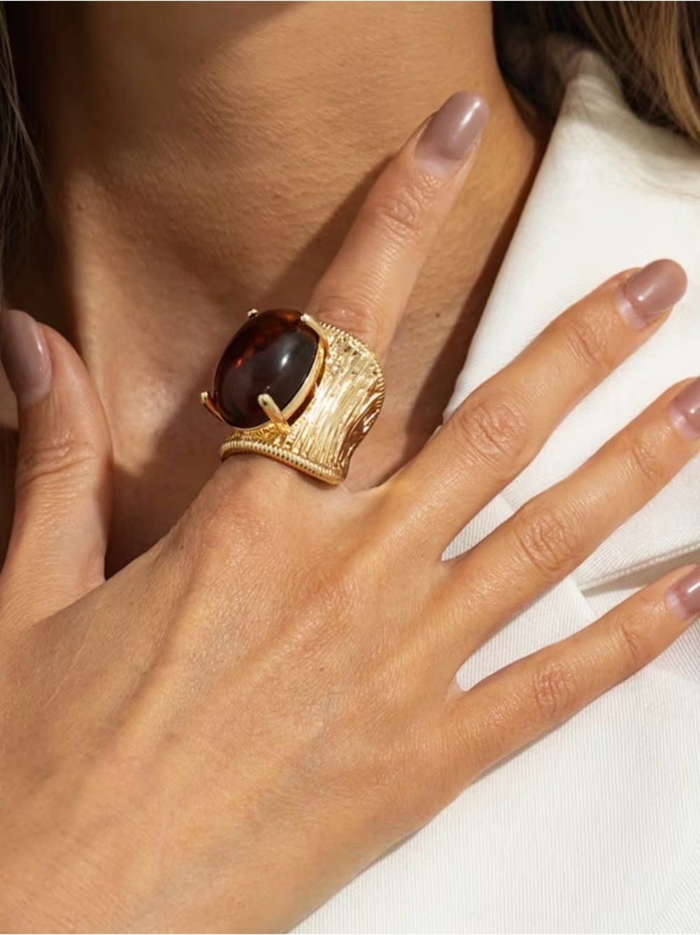 Gold Plated Cabochon Statement Ring Amber